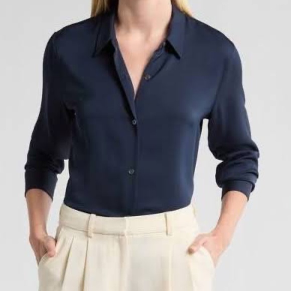 Theory Silk Button Down Blouse - Size P Navy - Picture 1 of 4